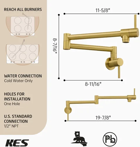 Miniatura 6 de KES Llenador de Ollas Dorado para Cocina Grifo Plegable de Latón con Doble Articulación Brazo Giratorio Grifo de Fregadero Articulado de Montaje