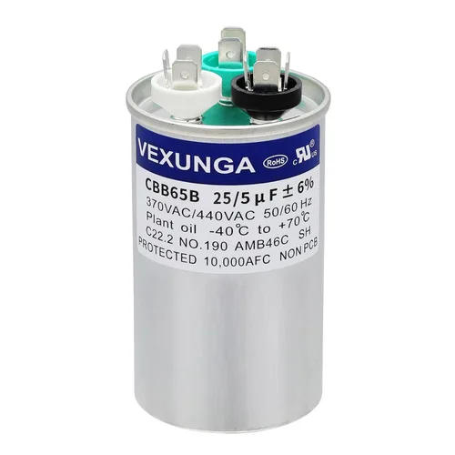 VEXUNGA - 25/5 uF 25+5 MFD 370V o 440V Condensadores redondos de arranque dual 25 5 uF 370 440 Volt VAC CBB65 Condensadores para acondicionador de