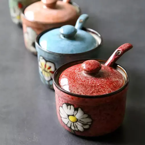 Miniatura 4 de Azucarero de cerámica hecho a mano con tapa y cuchara, tarro de condimento de porcelana de 9 onzas con diseño floral pintado a mano, recipiente