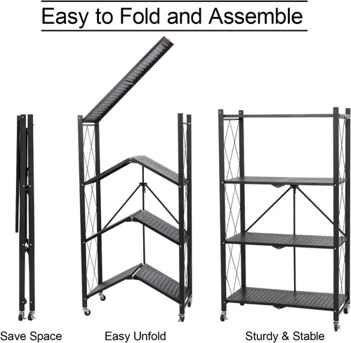 Miniatura 5 de Muichi Estante plegable de 3 niveles, estantes plegables con ruedas, estantes plegables, unidad de estantería de metal, organizador