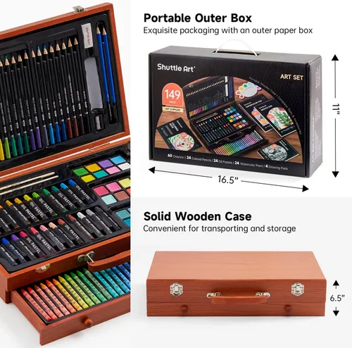 Miniatura 7 de Shuttle Art - Juego de 149 piezas de arte de lujo, suministros de arte en estuche de madera, kit de dibujo y pintura con crayones, lápices de Marrón