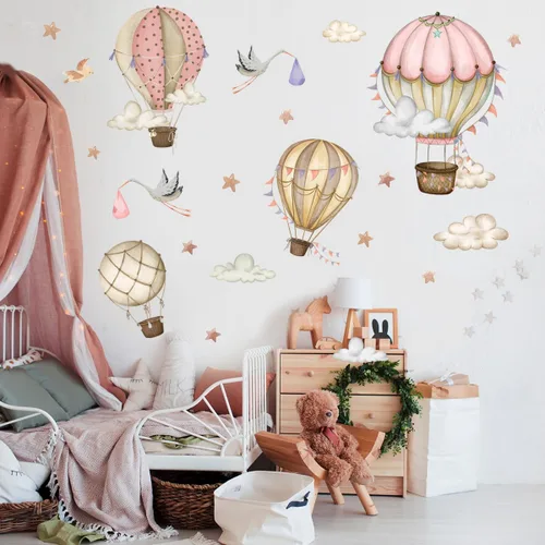 Miniatura 5 de Globos de aire caliente extraíbles, calcomanías de pared, globos de acuarela, pájaros, estrellas, calcomanías de pared, pintura a mano, globos