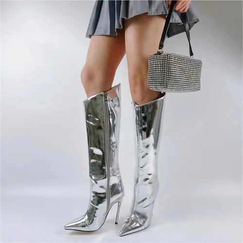 Miniatura 3 de Ancomafio Botas metálicas hasta la rodilla y botines para mujer, tacón de aguja, botas de espejo puntiagudas, botines elegantes con cremallera