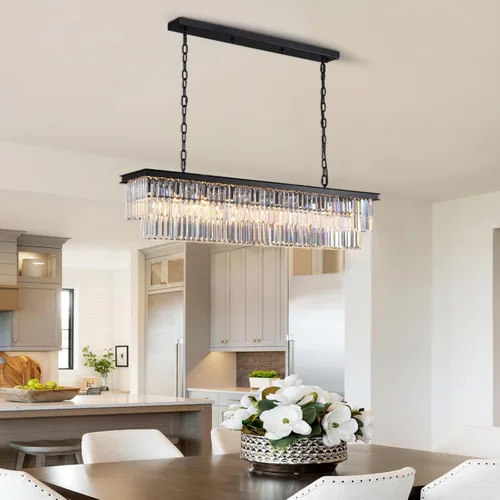 Miniatura 7 de NOXARTE Candelabros Rectangulares para Comedor, Candelabro de Cristal Rectangular Moderno Negro de 8 Luces, Accesorio Colgante para Isla de Cocina