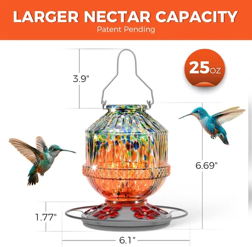 Miniatura 4 de Comederos para colibríes de vidrio soplado para exteriores, comedero de néctar para pájaros silvestres de 25 onzas con percha y 5 puertos
