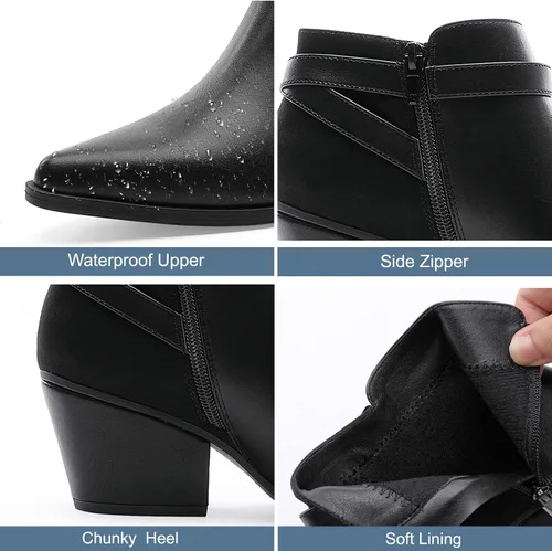 Miniatura 3 de CentroPoint Botines de cuero con tacón de bloque para mujer, puntera puntiaguda, con cremallera lateral