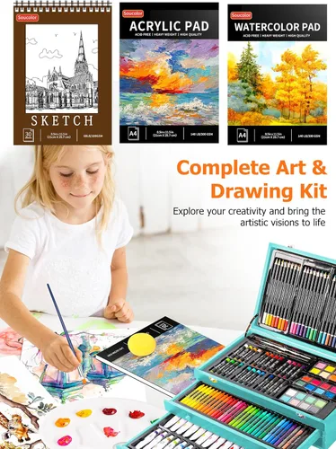 Miniatura 5 de Soucolor Suministros de arte, paquete de 192 piezas de arte de lujo, suministros de pintura de dibujo, kit de arte con almohadilla acrílica, Verde