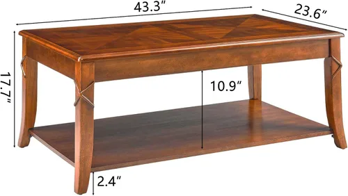 Miniatura 2 de Mesa de centro de madera maciza con estante de almacenamiento, mesa de centro rectangular moderna de mediados de siglo para sala de estar, mesa