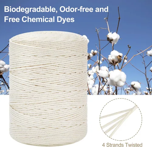 Miniatura 2 de Cordón de macramé de 3 mm x 380 yardas (1140 pies), cuerda de macramé de algodón natural - 4 hilos trenzados de cuerda de algodón de macramé
