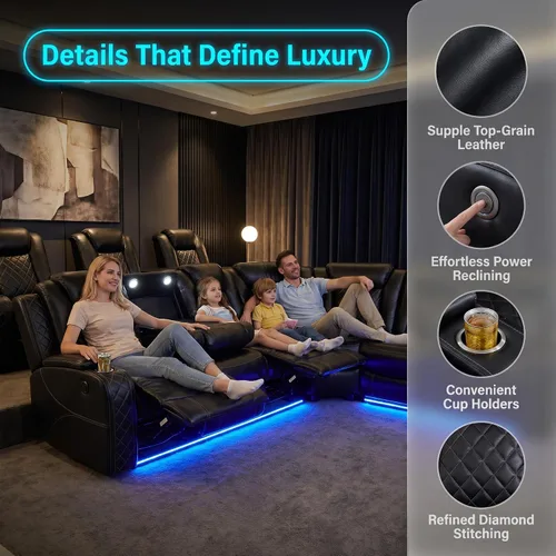 Miniatura 4 de Juegos de muebles de sala de Toseslo, juego de sofá reclinable eléctrico, seccional de 2 reclinables de cuero negro con luz LED, juegos modernos