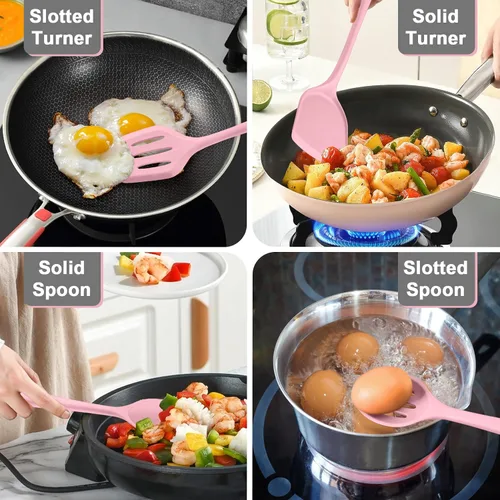 Miniatura 4 de P&P CHEF Juego de utensilios de cocina, 4 piezas de utensilios de cocina de silicona antiadherentes, cuchara sólida ranurada y resistente al calor