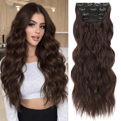 Miniatura 12 de ALXNAN Extensiones de cabello sintético largo y ondulado con clip, de 16 pulgadas, color negro natural, 4 piezas gruesas, fibra de doble trama