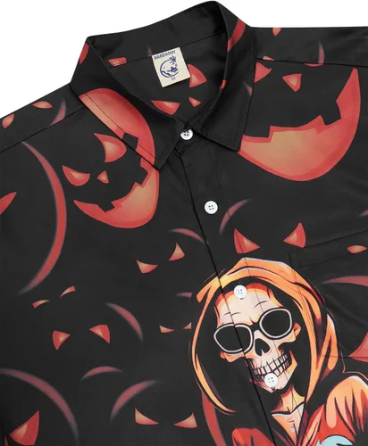 Miniatura 3 de Hardaddy Camisa de Halloween para hombre, manga corta, con botones, divertida impresión, casual