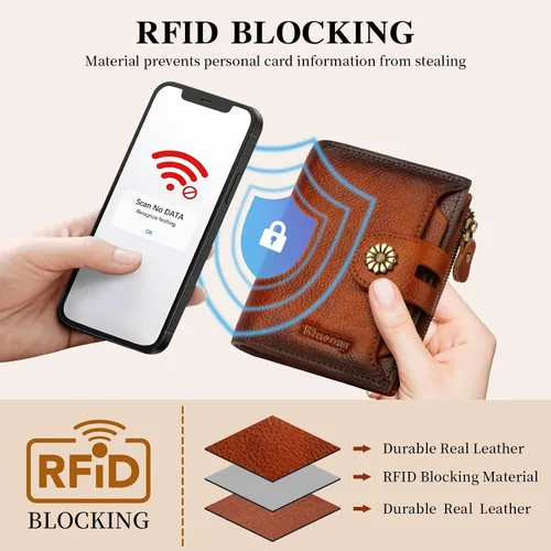 Miniatura 5 de Cartera de cuero con doble pliegue para mujer, bloqueo RFID, tarjetero compacto, cartera pequeña con ventana para identificación extraíble, A1
