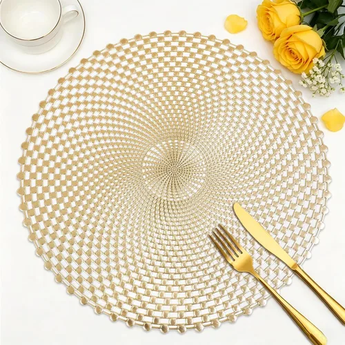Miniatura 15 de FAVE Juego de 6 manteles individuales redondos de vinilo dorados, manteles individuales lavables calados con borlas para decoración de mesa, uso