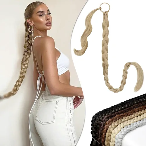 Miniatura 8 de Extensión de cola de caballo larga trenzada con banda para el cabello, color marrón claro, extensiones de cabello sintético suave y natural