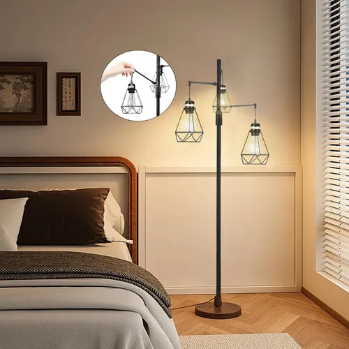 Miniatura 6 de NUNET Lámpara de pie industrial bohemia de granja con atenuación continua y 3 pantallas de jaula ajustables, luz de pie rústica vintage alta