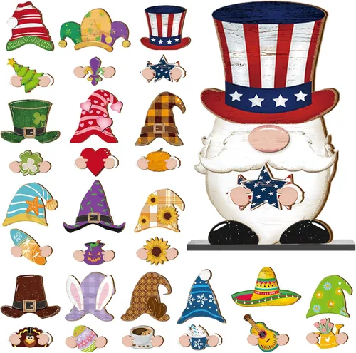 Miniatura 10 de Blulu 32 piezas intercambiables de gnomos de madera para decoración de verano del 4 de julio, gnomos patrióticos de bienvenida, decoración