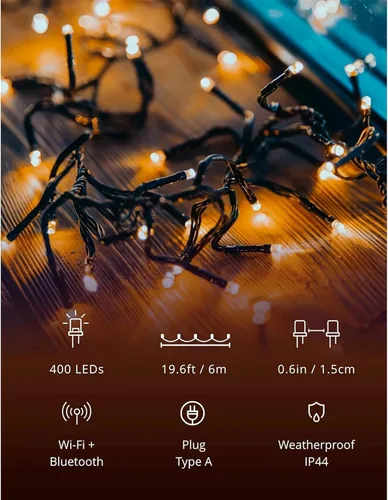 Miniatura 7 de Twinkly Cluster – Luces de Navidad LED controladas por aplicación con 400 LEDs AWW (ámbar, blanco cálido, blanco frío). 19.7 pies. Cable verde.
