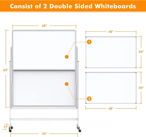 Miniatura 6 de maxtek Pizarra blanca de borrado en seco ajustable en altura, soporte de caballete rodante sobre ruedas, pizarra blanca móvil grande de 48 x 60