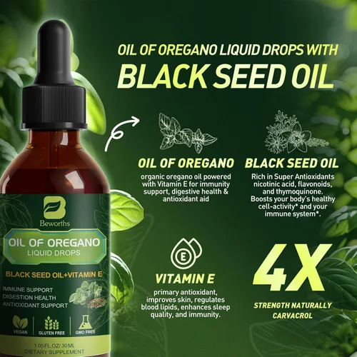 Miniatura 2 de Gotas de aceite de orégano, aceite de orégano con aceite de semilla negra, vitamina E, suplemento de orégano Carvacrol 80% mezcla de hierbas