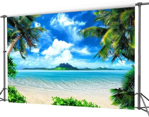 Miniatura 2 de Foto temática de playa de verano de 7 x 5 pies, océano hawaiano, cielo azul, playa, palmeras tropicales, Luau, decoración de fiesta de cumpleaños