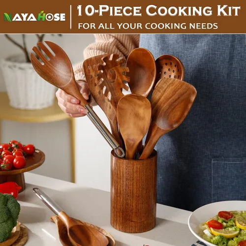 Miniatura 2 de Cucharas de madera para cocinar, 10 piezas con mango inoxidable, juego de utensilios de madera de acacia natural con soporte y soporte para cuchara