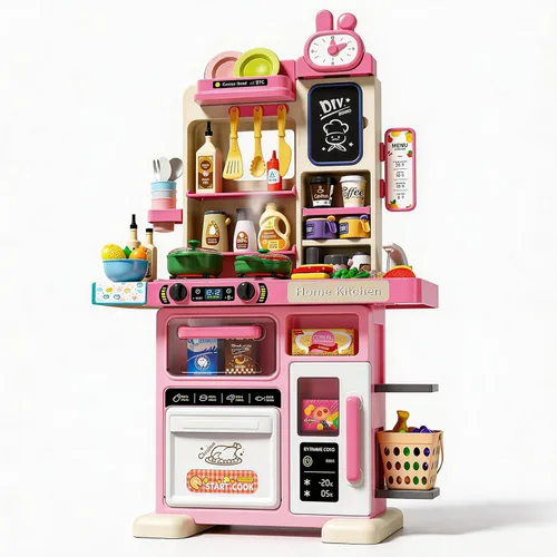 Juego de cocina para niños de 33.8 pulgadas con sonido y luz, estufa de cocina con vapor, fregadero de juegos y accesorios de cocina de juguete, Rosa