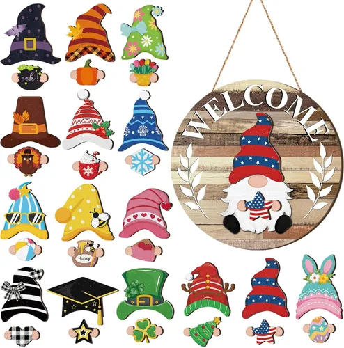 Miniatura 21 de Qunclay 31 piezas 3D de grano natural intercambiable de madera gnomo para puerta, decoraciones navideñas de gnomo con piezas magnéticas y sombreros