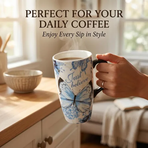 Miniatura 7 de Topadorn Taza de café de cerámica de 17 onzas con tapa y caja de regalo, taza inspiradora de mariposa de acuarela, taza de té de porcelana floral B