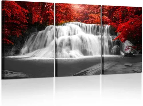 KREATIVE ARTS Lienzo decorativo para la pared, 3 piezas de madera roja, cascada, cuadro enmarcado para oficina y decoración del hogar, listo para