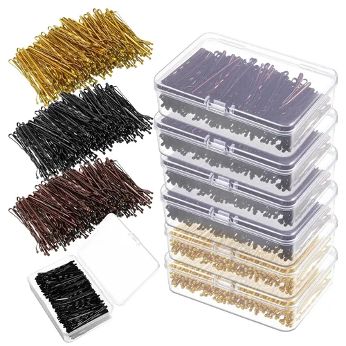 1500 pines de 2 pulgadas a granel con caja de almacenamiento transparente, clips de onda invisibles color negro, marrón y dorado, horquilla sin