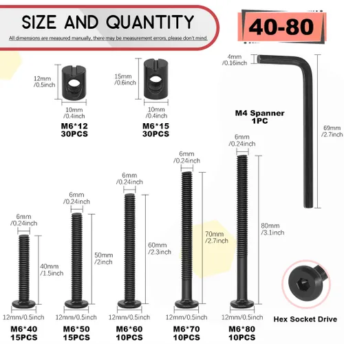 Miniatura 2 de Hilitchi M6 120 piezas de tornillos de cabeza hexagonal negra, tuercas de barril, kit surtido de accesorios para cuna, cama de bebé, muebles, cunas