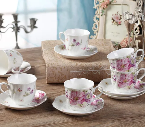 Miniatura 6 de GuangYang Juego de 6 tazas de té y platillos de porcelana de 7 onzas, diseño floral rosa, elegante juego de regalo para amantes del té, café