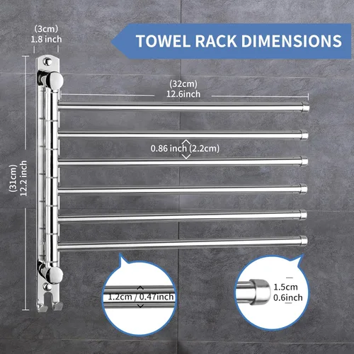 Miniatura 2 de Toallero giratorio, barra para toallas con montaje en pared y rotación de 180°, colgador de toallas de 6 brazos de acero inoxidable SUS 304, ahorro