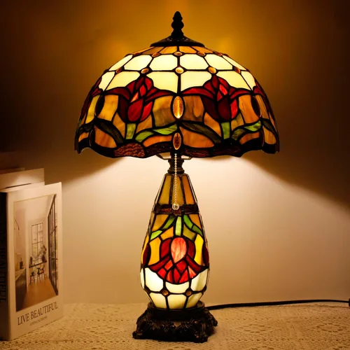 Miniatura 11 de Lámpara Tiffany de Vidrio Emplomado para Mesa de 12 x 19 Pulgadas Diseño Jarrón Madre e Hija Lámpara de Escritorio de Acento Luz Nocturna