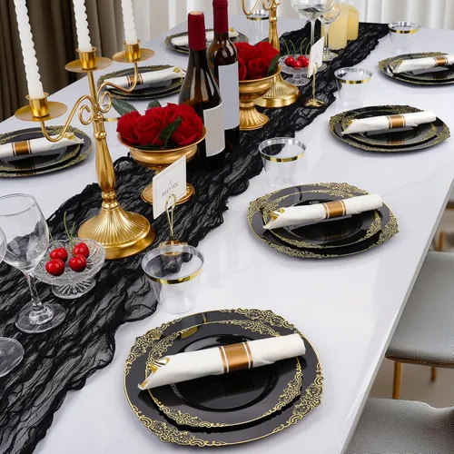 Miniatura 7 de Realluck 350 piezas platos de plástico negro y dorado, juego de vajilla de plástico para 50 invitados, 100 platos desechables, 150 cubiertos, 50