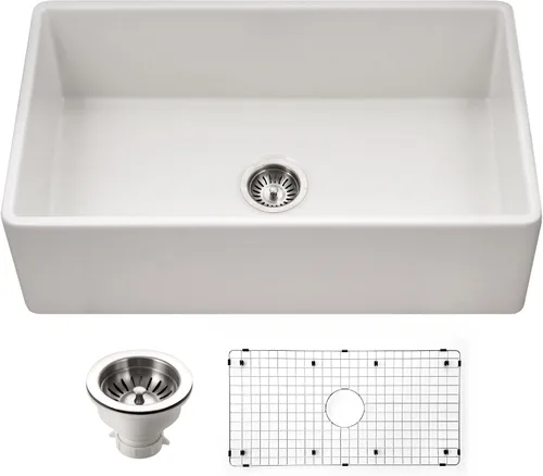 Miniatura 6 de Houzer Platus PTG-4318 WH - Fregadero de granja de la serie Fireclay de 33 pulgadas con delantal delantero de montaje inferior con cuenco individual
