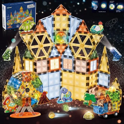 BINZKBB 110 azulejos magnéticos, bloques de construcción magnéticos iluminados en 3D para niños, juguetes creativos de dinosaurios, juguetes