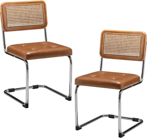Miniatura 8 de Juego de 2 sillas de comedor de ratán modernas de mediados de siglo con respaldo tejido de ratán natural y asiento, sillas laterales tapizadas sin
