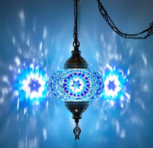 Miniatura 4 de DEMMEX Lámpara Colgante de Techo Enchufable de Mosaico Turco Marroquí – Luminaria Tipo Swag con Cable de 15 pies y Cadena, Vidrio Artesanal