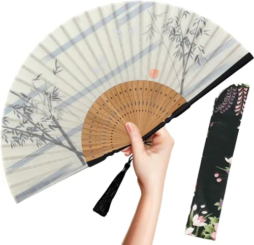 Miniatura 14 de OMyTea abanico plegable de mano para mujer - abanico de bambú y seda vintage chino/japonés plegable - para sofocos, iglesia, EDM, festival