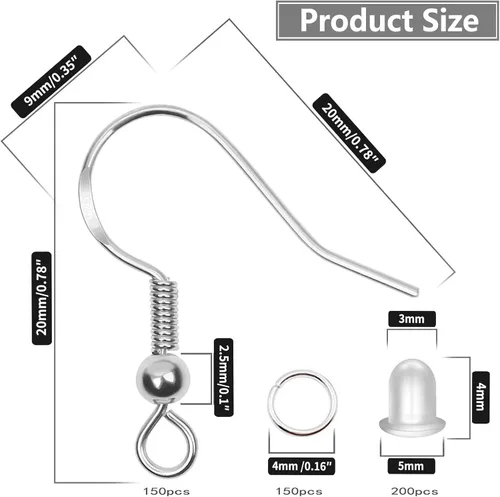 Miniatura 3 de Ganchos chapados en plata de ley 925, 150 piezas/75 pares, ganchos de pez, 500 piezas hipoalergénicas para hacer aretes con anillos de salto