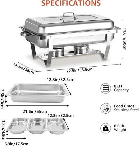 Miniatura 6 de Juego de platos de acero inoxidable de 8 cuartos de galón de tamaño 1/3, juego de calentador rectangular plateado con bandejas, tapa de sartén