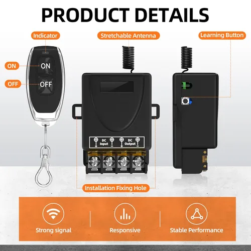 Miniatura 3 de RVBOATPAT Interruptor remoto inalámbrico DC 8V/12V/24V/48V/72V/86V 30A Relé RF Control remoto de 328 pies de largo alcance para alarmas antirrobo