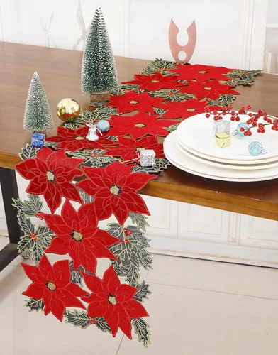 Miniatura 2 de GRANDDECO Camino de mesa navideño para fiestas campestres, bufandas para cómoda bordadas con flores de Pascua navideñas, Navidad, hogar, cocina