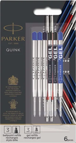 Parker Jotter London - Paquete de descubrimiento de recambios para bolígrafo y gel: 3 recambios Quinkflow para bolígrafos y 3 recambios Quink Gel