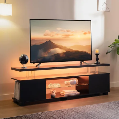 Miniatura 6 de Cubehom Soporte de TV negro, soporte de TV LED para sala de estar, centro de entretenimiento de cristal, mesas de consola de TV para sala de estar