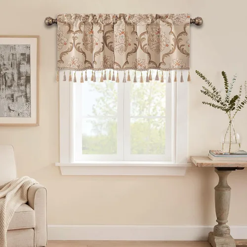 Miniatura 18 de Loom and Mill Cenefas de jacquard de lujo para ventana de sala de estar, elegante cenefa de cortina de damasco beige con ribete de cuentas, cortina