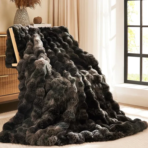 Miniatura 21 de L'AGRATY - Manta de piel sintética de 50" x 60" de lujo, suave y esponjosa, de pelo de conejo, para cama, sofá o diván - Manta mullida y decorativa